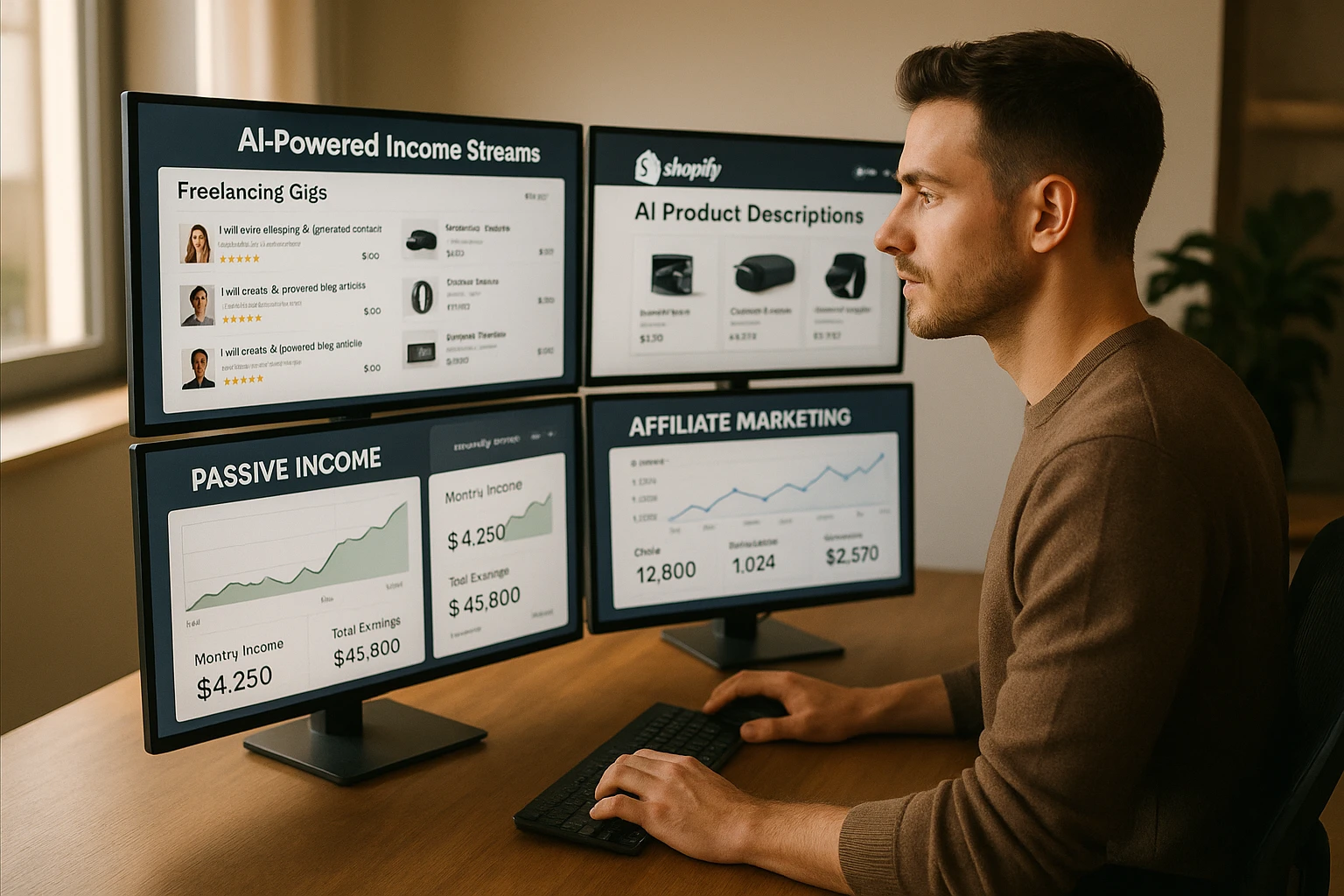 AI-powered workspace showing multiple income streams