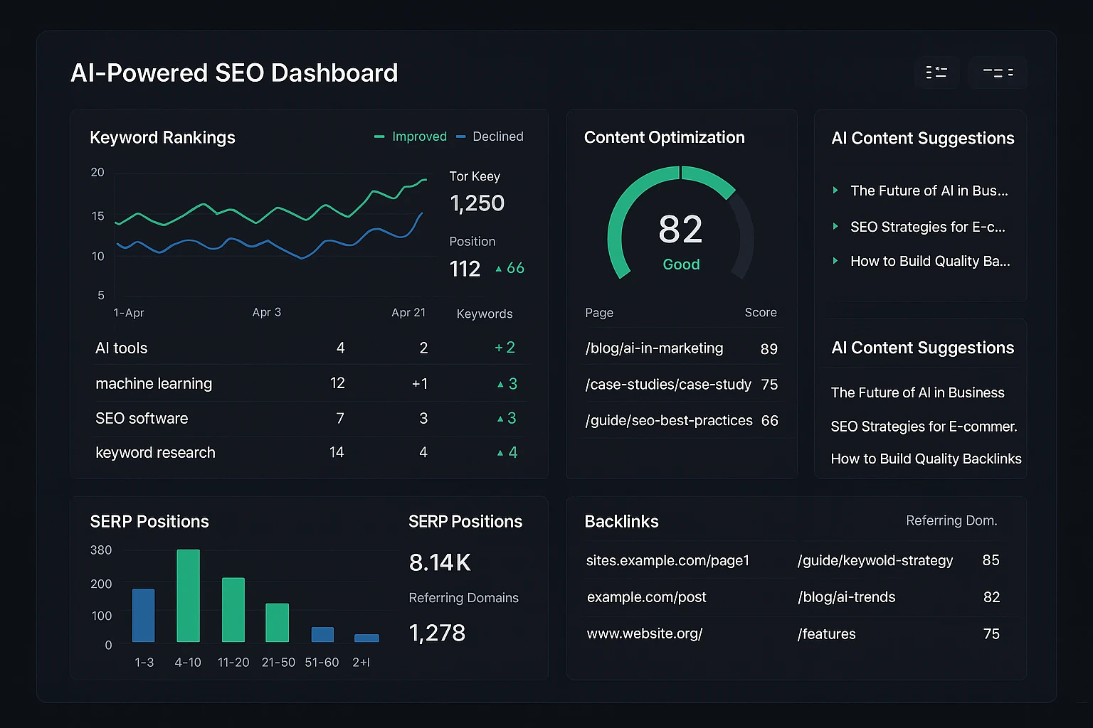AI-powered SEO dashboard showing keyword rankings and content optimization