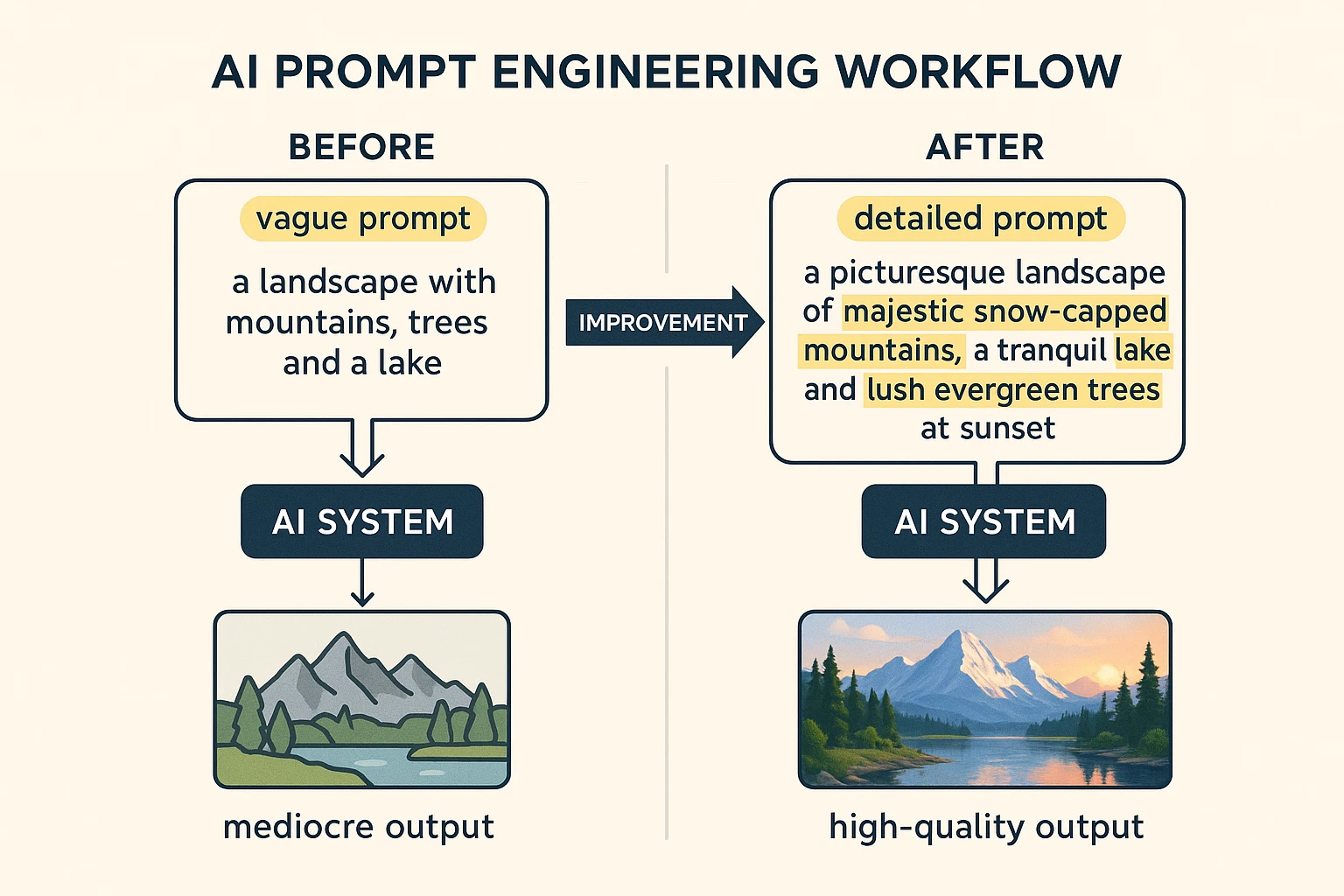 AI prompt engineering workflow showing input and output quality